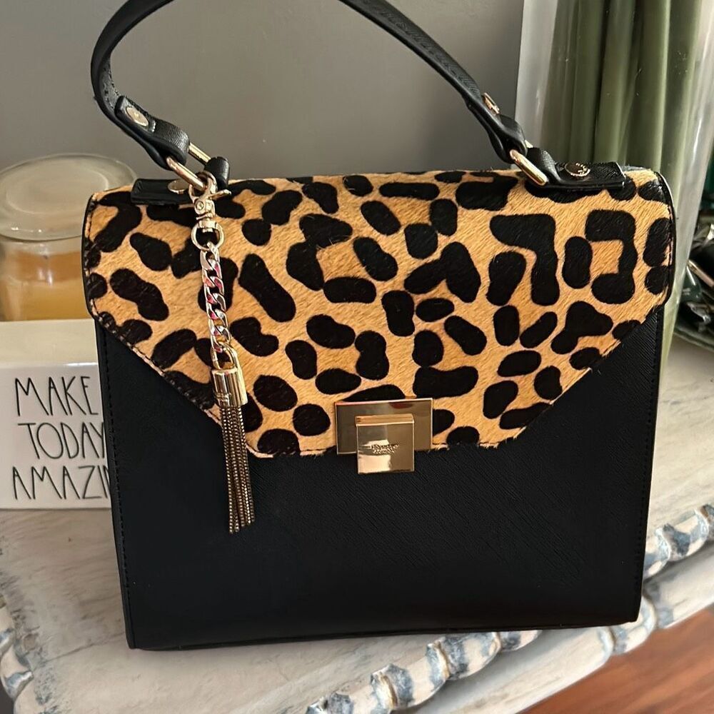 Dune London black leopard fur satchel bag with tassel
